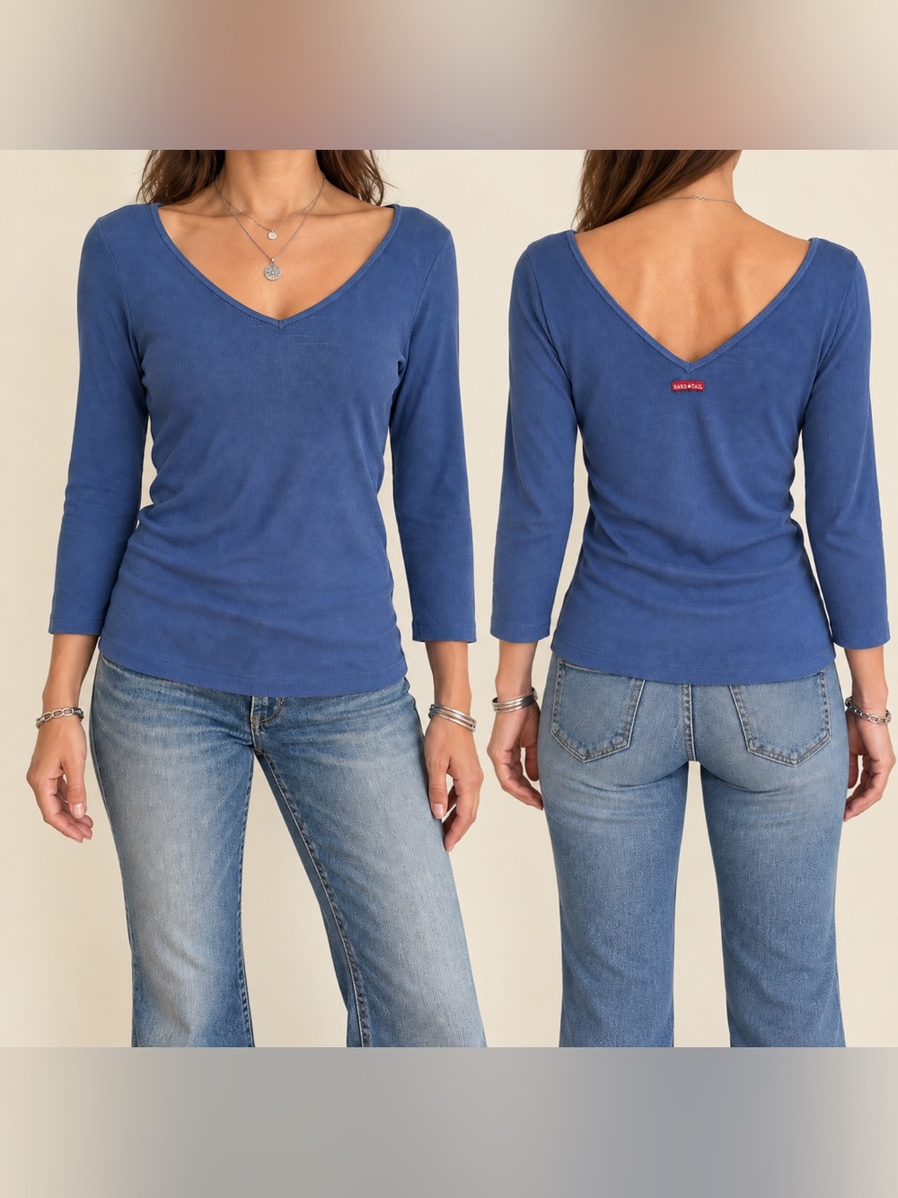 Vintage Hard Tail Forever Blue Ribbed Double V Neck Top Y2K Large